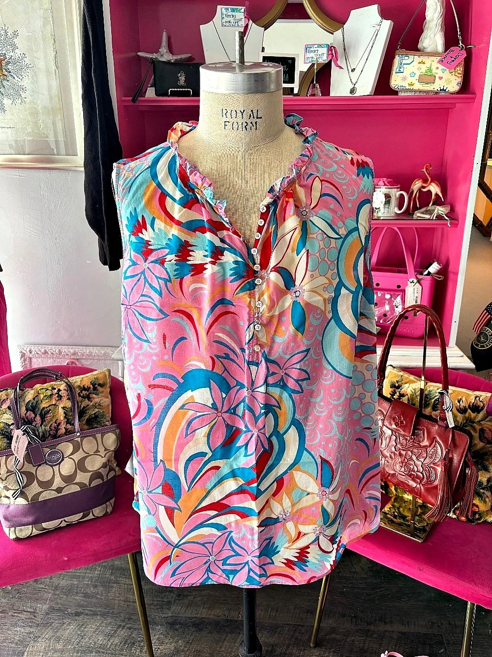 Talbots Women's Abstract Blouse in Pink & Blue like new, large